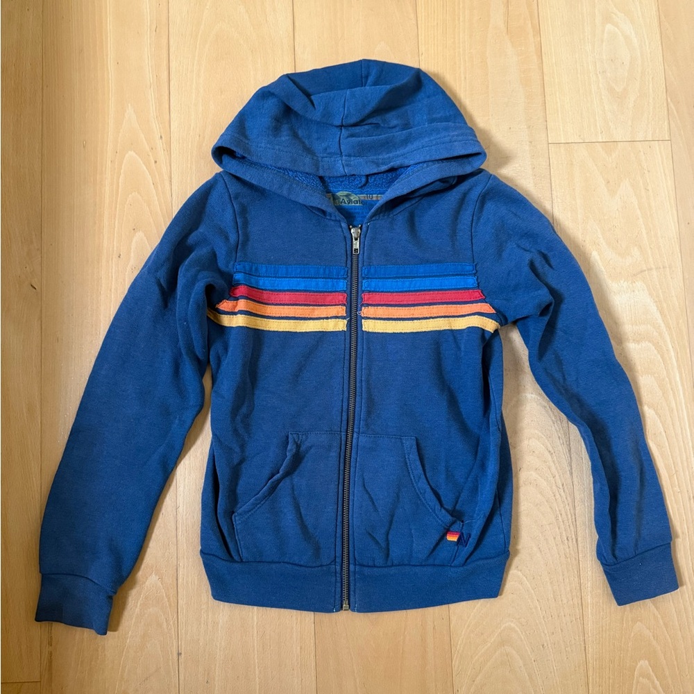 Aviator Nation Blue Hoodie with Colorful Stripes
